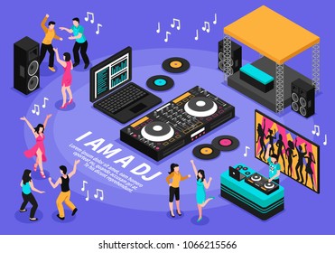 Dj and music composition with people dancing and singing symbols isometric vector illustration