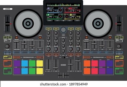 DJ music mixing console controller techno house party sound audio equipment illustration