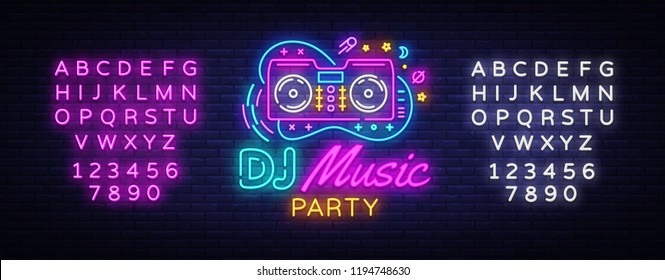 DJ Music Neon sign vector. Night Party Design template neon sign, Dj Sound Advertising light banner, neon signboard, nightly bright advertising, light inscription. Vector. Editing text neon sign