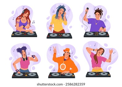 DJ music in nightclub. Disc jockey. Vinyl disco party. Young character at table playing melody sounds. Dance stage. Club nightlife. Artist in headphones at electronic mixer. Vector tidy musical set