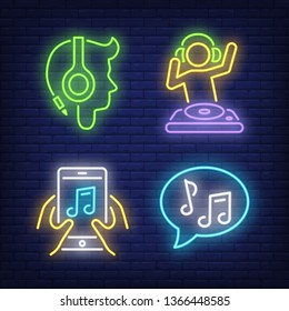 DJ, music notes, smartphone app and headphones neon signs set. Music, dj and party design. Night bright neon sign, colorful billboard, light banner. Vector illustration in neon style.