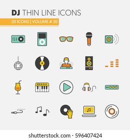 DJ Music Party Linear Thin Vector Icons Set with Musical Instruments
