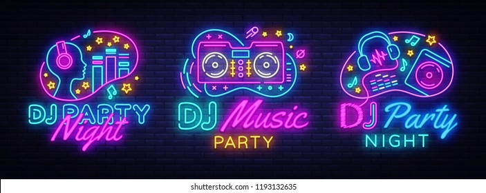 DJ Music Party neon sign collection vector design template. DJ Concept of music, radio and live concert, neon poster, light banner design element colorful, night bright advertising. Vector