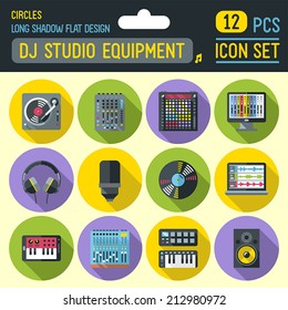 Dj music studio equipment flat long shadow circle icon set. Vector trendy illustrations. 