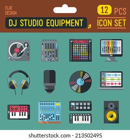 Dj Music Studio Equipment Flat Long Shadow Icon Set. Vector Trendy Illustrations. 