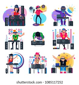 DJ music vector discjockey character playing disco on turntable sound record in nightclub set of dj people with audio equipment for playback vinyl discs isolated on white background
