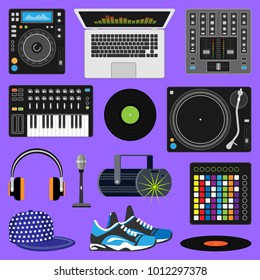 DJ music vector discjockey playing disco on turntable sound record set with headphones and players audio equipment for playback vinyl discs in nightclub isolated on background