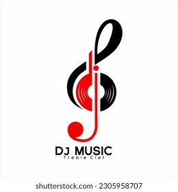 DJ music vector logo design with treble clef and disc.