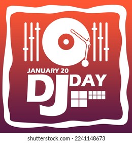 Dj musical instrument icon with bold text in frame on gradient background to commemorate DJ Day on January 20