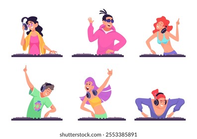 Dj. Musician characters in action poses standing in headphones and making music sound mixing different songs exact vector active people