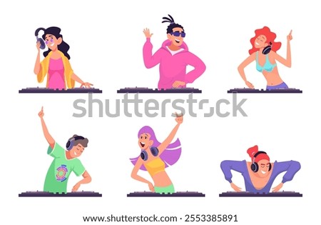 Dj. Musician characters in action poses standing in headphones and making music sound mixing different songs exact vector active people