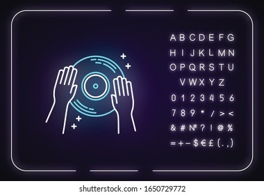 DJ neon light icon. Outer glowing effect. Sign with alphabet, numbers and symbols. Night club entertainment, house music, nightclub discotheque. Vinyl record vector isolated RGB color illustration