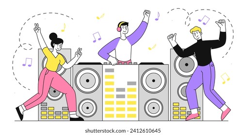 DJ in night club linear concept. Man with audio equipment near dancing young guy and girl. Entertianment and leisure, fun. Doodle flat vector illustration isolated on white background