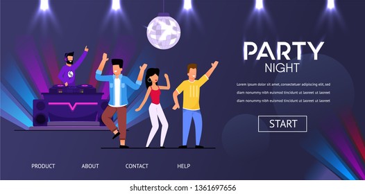 DJ at Night Club Party Play Music People Crowd Dance Vector Illustration. Man Spin Vinyl Record Mix Track Happy Man Woman at Club Disco Ball Nightclub Electrinic Concert Techno Festival