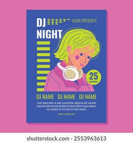 DJ Night Poster Flyer with Young Woman with Yellow Hair