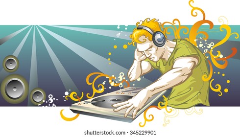 DJ Night Rave-Vector illustration of detailed star DJ with Stylized foliage