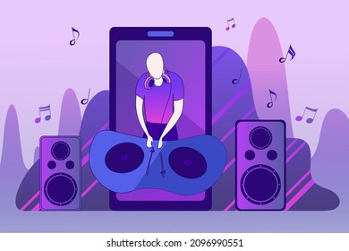 DJ in nightclub playing music records on audio mixers or controller. Loudspeakers and music notes. Modern flyer concept for dance event and party. Vector design for banner, brochure or poster.