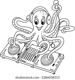 DJ Octopus Juega Mezclador DJ para la página de colorear. Ilustración vectorial del divertido pulpo DJ con micrófono, grabación, audífonos y mezclador de DJ