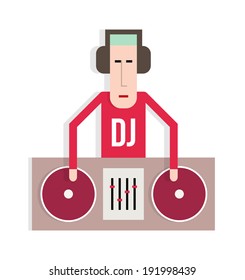 DJ on performance, sound system, flat style image, vector cartoon illustration