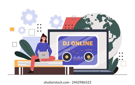 DJ online concept. Woman with laptop near speaker. Young girl with audio equipment. Talented musician with mixer console on internet. Cartoon flat vector illustration isolated on white background