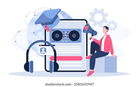 DJ online platform service. Man with loudspeaker sitting near headphones and radio, graduate hat. Fun and entertainment. Nightclub on internet. Disc jockey. Flat vector illustration