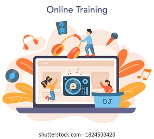 DJ online service or platform. Person standing at turntable mixer make music in club or radio. Club music composer. Online training. Isolated flat vector illustration