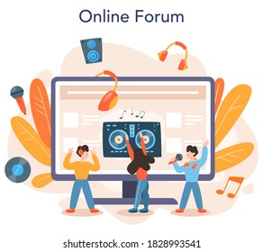 DJ online service or platform. Person standing at turntable mixer make music in club or radio. Club music composer. Online forum. Isolated flat vector illustration