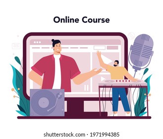 DJ online service or platform. Person standing at turntable mixer make music in club. Club music composer. Online course. Flat vector illustration