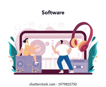 DJ online service or platform. Person standing at turntable mixer make music in club. Club music composer. Online software. Flat vector illustration