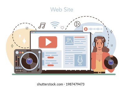DJ online service or platform. Person standing at turntable mixer make music in club. Club music composer with headphones. Website. Flat vector illustration