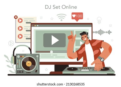 DJ online service or platform. Person standing at turntable mixer make music in club. Club music composer with headphones. Online dj set. Flat vector illustration