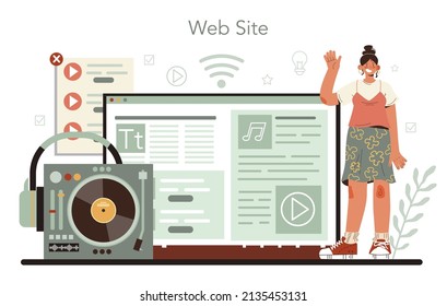 DJ online service or platform. Person standing at turntable mixer make music in club. Club music composer with headphones. Website. Flat vector illustration