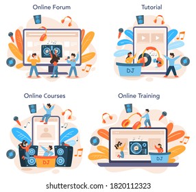 DJ online service or platform set. Person standing at turntable mixer make music in club or radio. Club music composer. Online course, forum, tutorial, training. Isolated flat vector illustration