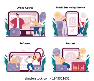 DJ online service or platform set. Person standing at turntable mixer