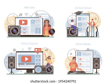 DJ online service or platform set. Person standing at turntable mixer