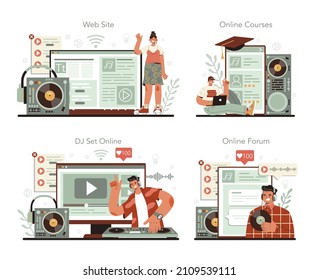 DJ online service or platform set. Person standing at turntable mixer make music in club. Club music composer with headphones. Online course, dj set, forum, website. Flat vector illustration