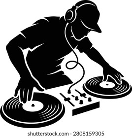DJ operating two turntables with headphones and control mixer setup