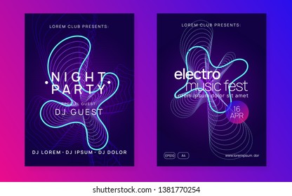 Dj party. Abstract discotheque invitation set. Dynamic gradient shape and line. Neon dj party flyer. Electro dance music. Techno trance. Electronic sound event. Club fest poster.