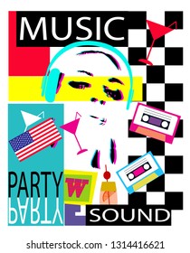 Dj party background with a girl with headphones blue american flag and cassete tape