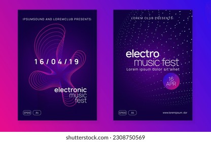 Dj party. Bright discotheque cover set. Dynamic fluid shape and line. Neon dj party flyer. Electro dance music. Techno trance. Electronic sound event. Club fest poster.