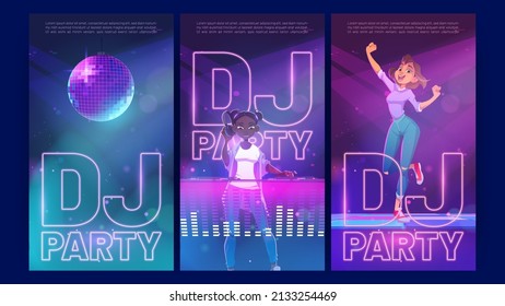 Dj party cartoon invitation posters, woman dancing in night club with african girl disc jockey with headphones playing music at console during dance festival or musical battle event, Vector ads flyers