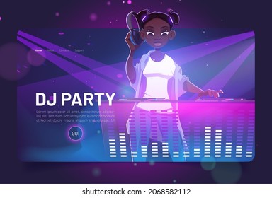 Dj party cartoon landing page, african girl disc jockey with headphones wear modern clothes and hairstyle playing music at console during dance festival or musical club battle, Vector web banner