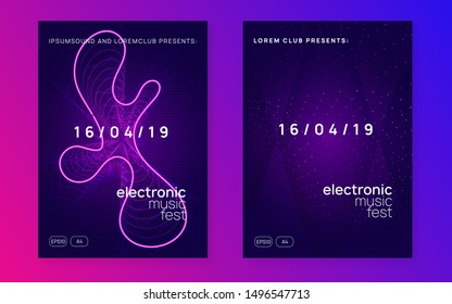 Dj party. Commercial show cover set. Dynamic fluid shape and line. Neon dj party flyer. Electro dance music. Techno trance. Electronic sound event. Club fest poster.