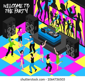 Dj and party composition with entertainment nightlife and music symbols isometric vector illustration