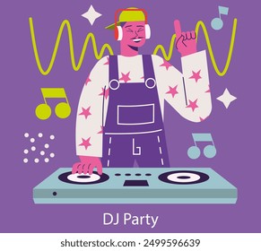 Concepto de fiesta de DJ. Un alegre DJ mezcla música en un evento vibrante, creando un ambiente animado. Tocadiscos, vibraciones de baile y disfrute musical. Ilustración vectorial.