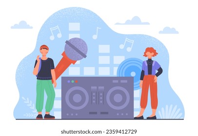 DJ party concept. Man and woman near radio with microphone. Entertainment, fun and leisure. Music and songs mix. Workers at nightclub. Creativity and art. Cartoon flat vector illustration