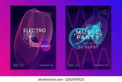 Dj party. Cool discotheque cover set. Dynamic gradient shape and line. Neon dj party flyer. Electro dance music. Techno trance. Electronic sound event. Club fest poster.