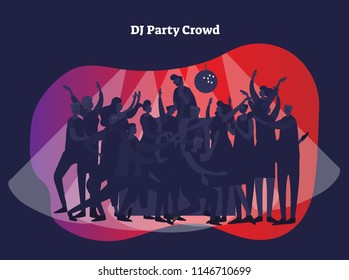 DJ party crowd vector illustration. Adult friends and couples enjoying life, club, celebration, discotheque, party and active entertainment. Modern and casual youth style in light of disco and beam.
