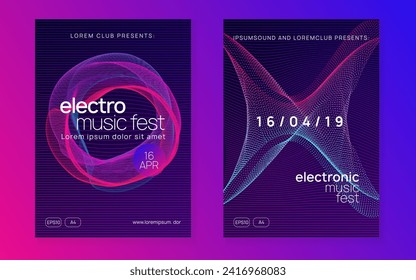 Dj party. Curvy show brochure set. Dynamic fluid shape and line. Neon dj party flyer. Electro dance music. Techno trance. Electronic sound event. Club fest poster.