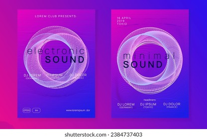 Dj party. Curvy show magazine set. Dynamic gradient shape and line. Neon dj party flyer. Electro dance music. Techno trance. Electronic sound event. Club fest poster.